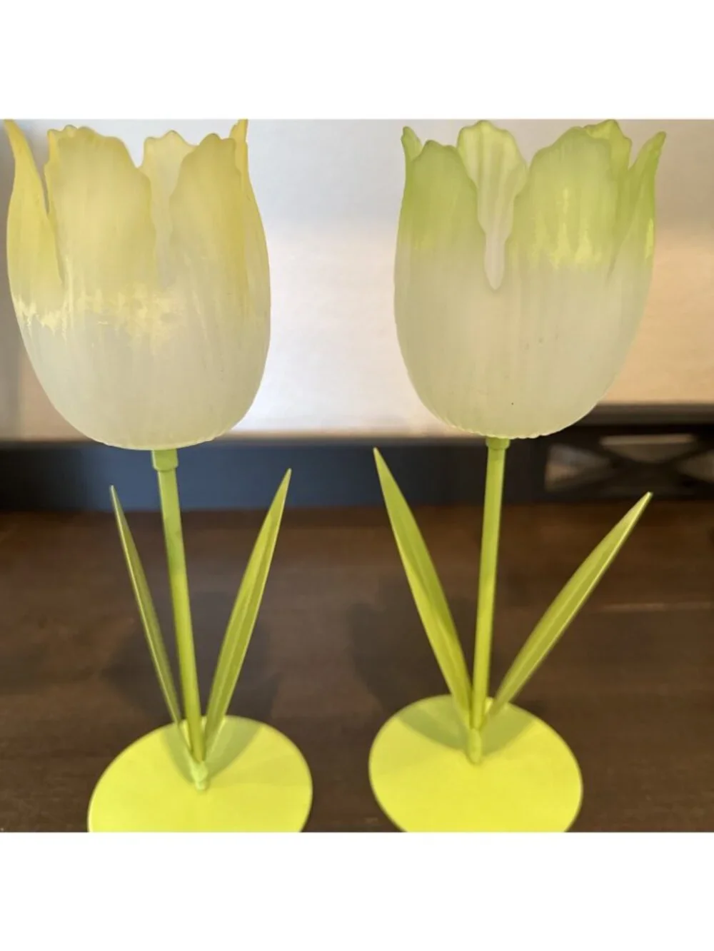 Vtg Lime - Yellow Frosted Tulip Flower Votive Tea Light Candle Holders Glass Mtl